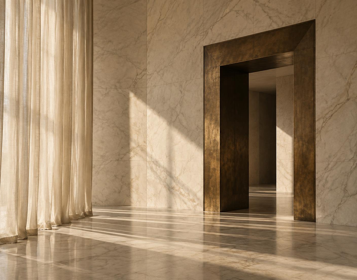 Sunlight falls across alabaster walls, silk curtains, and a cast bronze doorway