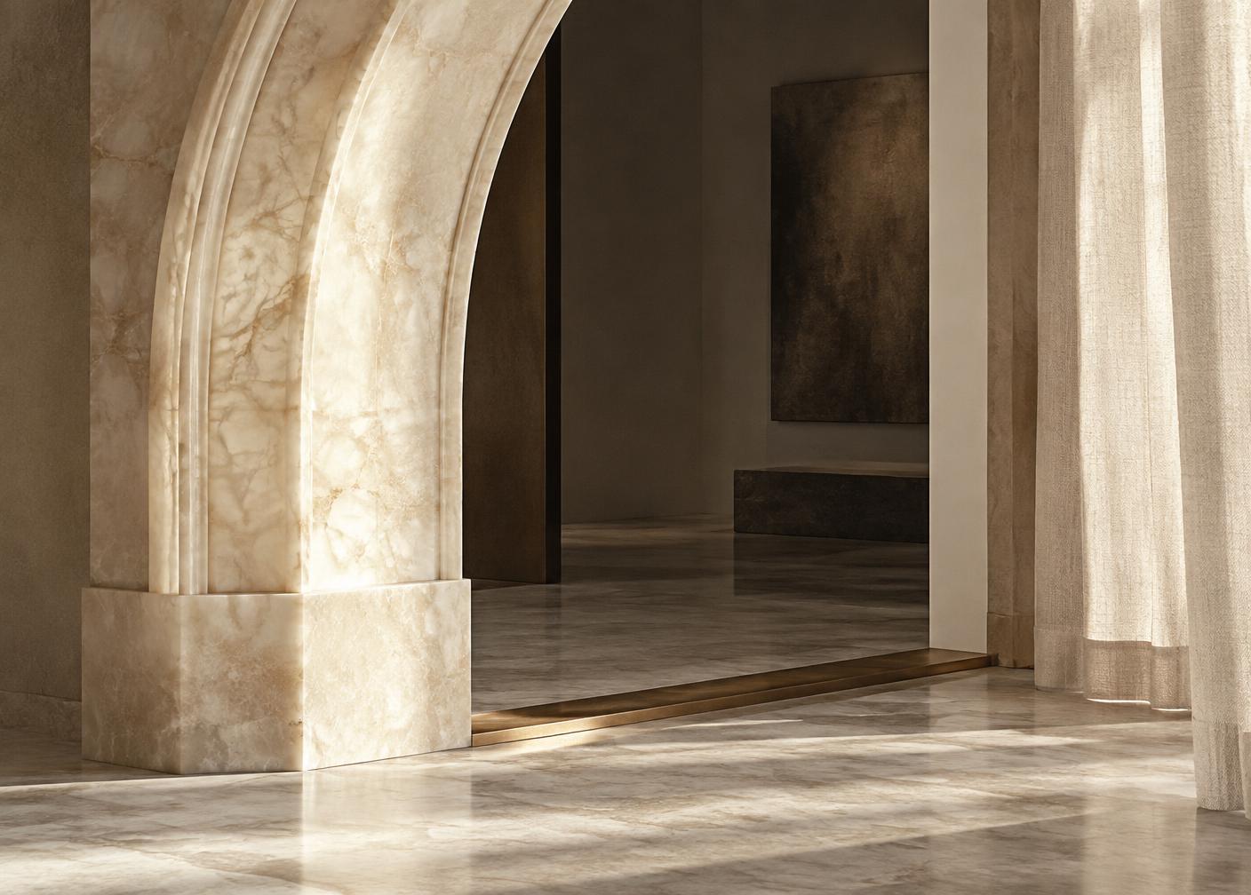 Alabaster arch, bronze threshold, and silk curtain in afternoon light
